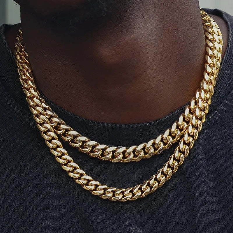 6-12mm Hip Hop Cuban Chain Iced Clasp Stainless Steel 18K Gold Plated Chaine For Men Necklace Jewelry