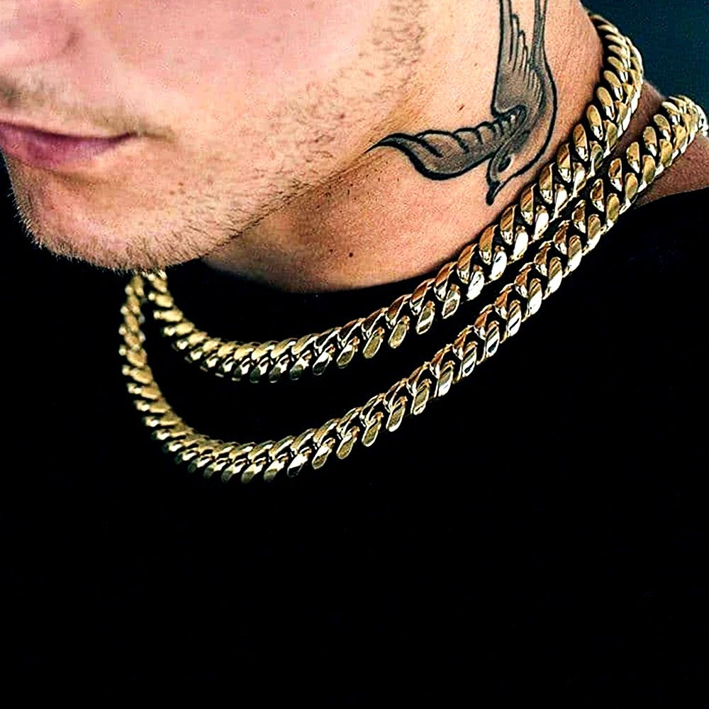 6-12mm Hip Hop Cuban Chain Iced Clasp Stainless Steel 18K Gold Plated Chaine For Men Necklace Jewelry