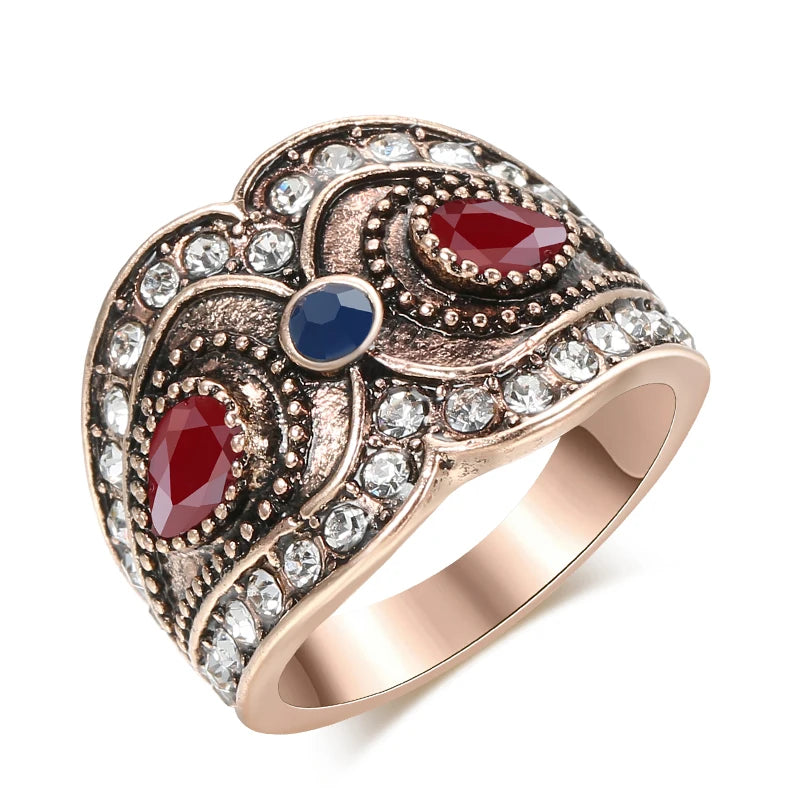 Red Stone Crystal Flower Big Ring