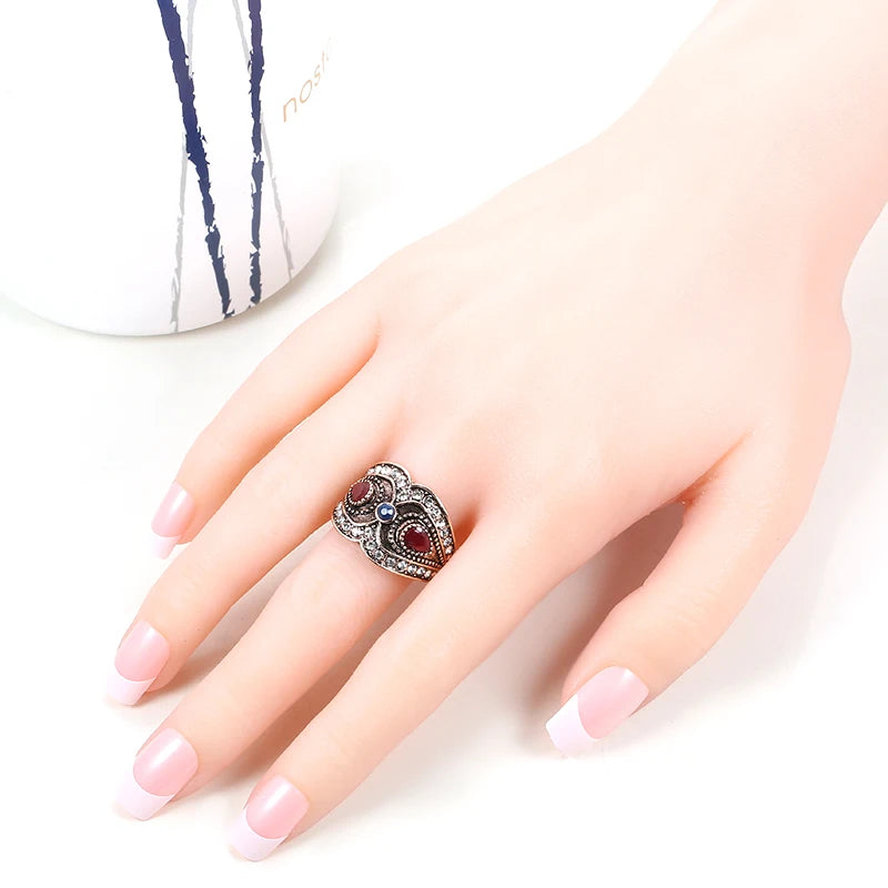 Red Stone Crystal Flower Big Ring