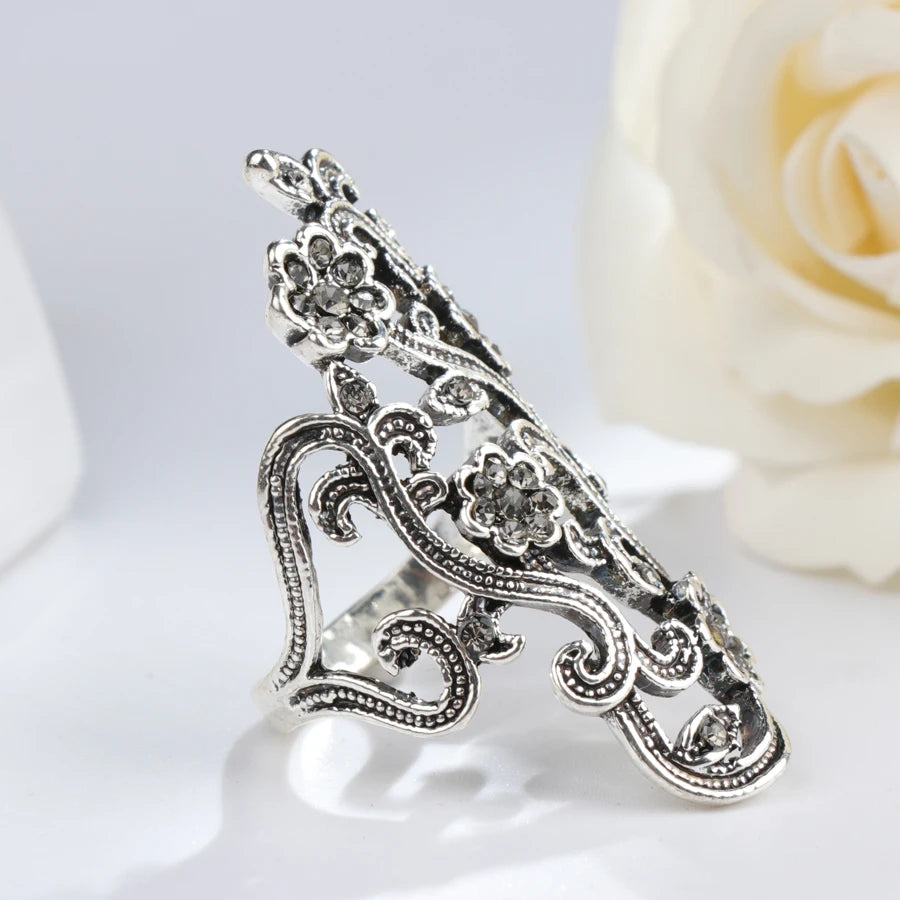 Antique Tibetan Silver Gray Crystal Flower Ring