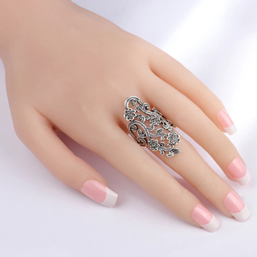 Antique Tibetan Silver Gray Crystal Flower Ring