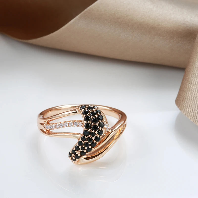 Rose Gold Geometry Natural Black Zircon Waves Ring