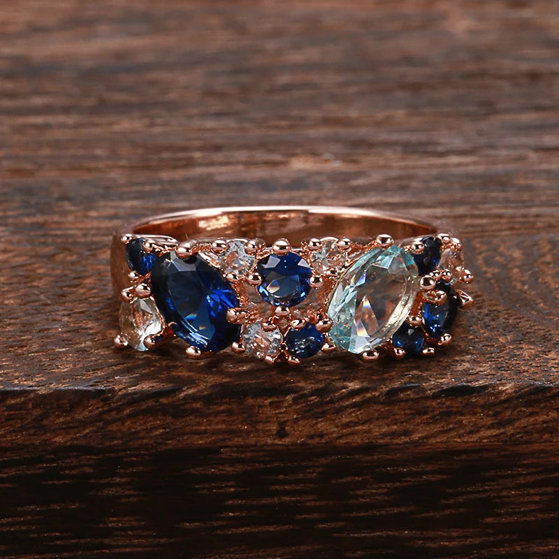 Blue Natural Zircon Long Ring Sets for Women Trendy 585 Rose Gold Ring Romantic Vintage Wedding Jewelry Sets