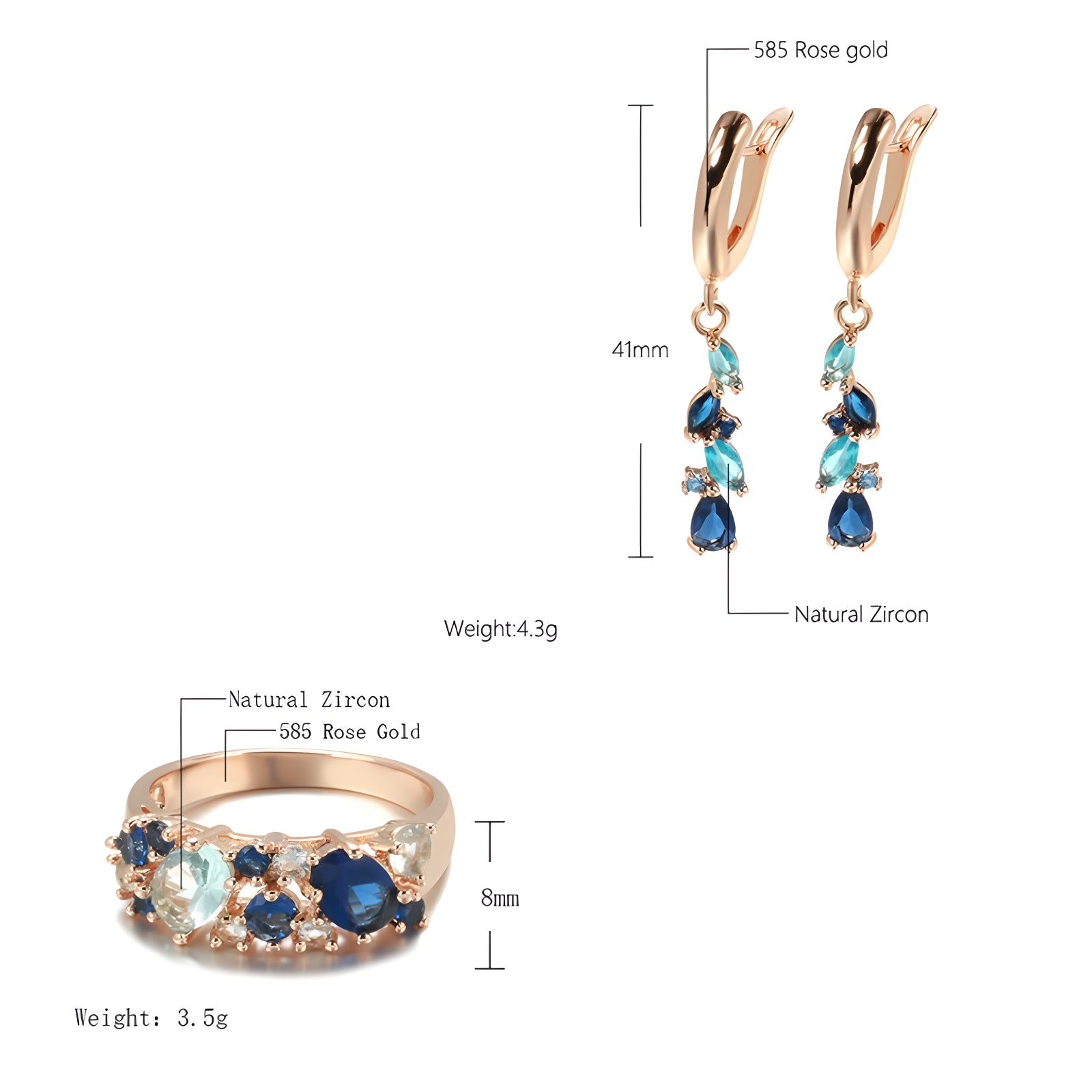 Blue Natural Zircon Long Earrings Ring Sets for Women Trendy 585 Rose Gold Ring Romantic Vintage Wedding Jewelry Sets