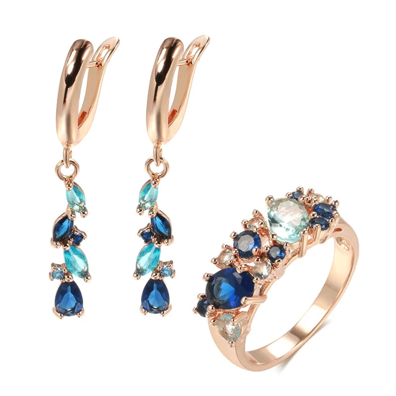 Blue Natural Zircon Long Earrings Ring Sets for Women Trendy 585 Rose Gold Ring Romantic Vintage Wedding Jewelry Sets