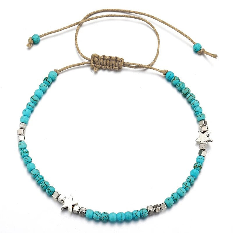 Bohemia Turquoises Beads Anklets Vintage Rope Chain Anklet Pentagram Star Charm