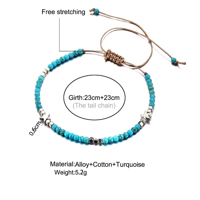 Bohemia Turquoises Beads Anklets Vintage Rope Chain Anklet Pentagram Star Charm