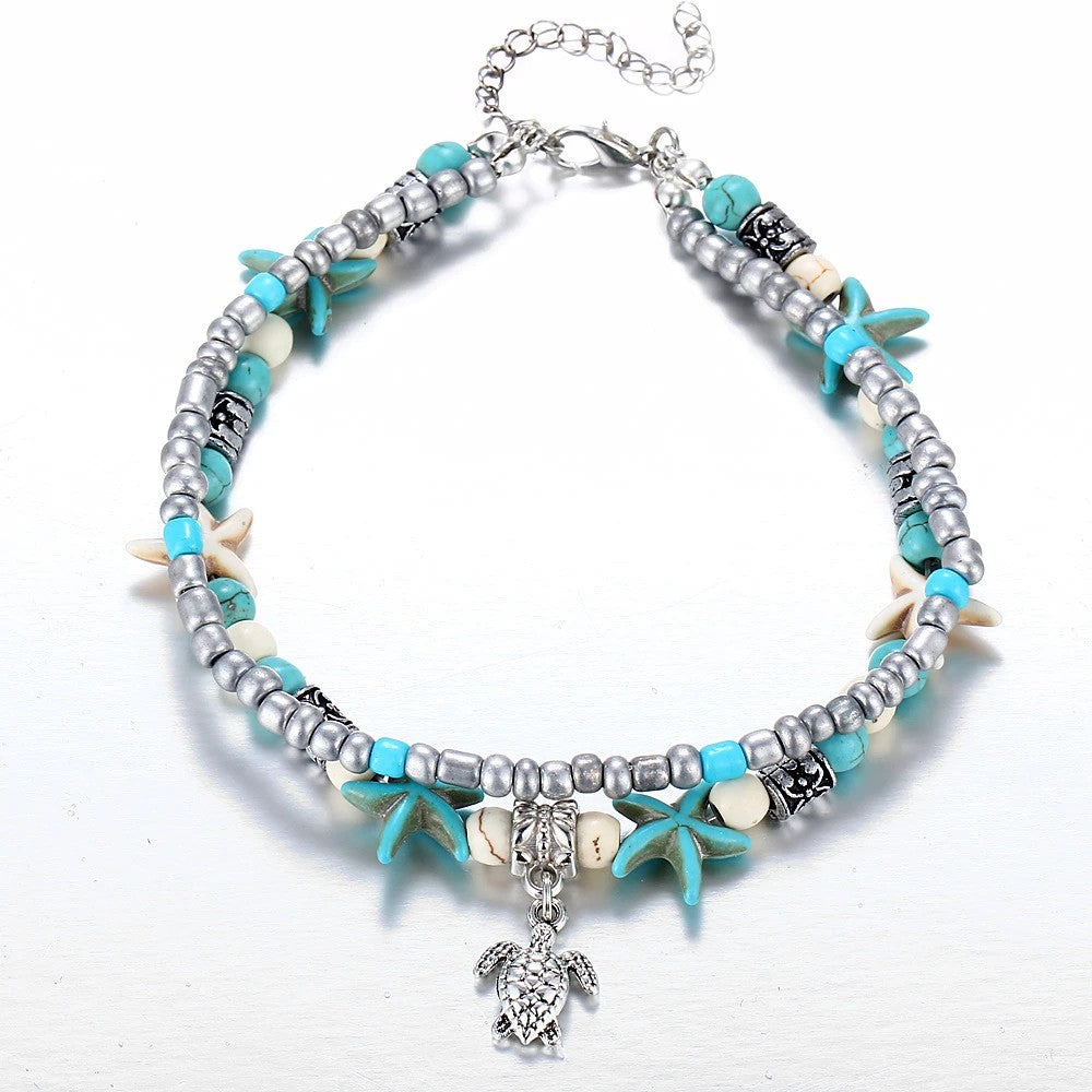 Bohemia Blue Starfish Turtle Beaded Anklet Women Girl Beach Foot Jewelry