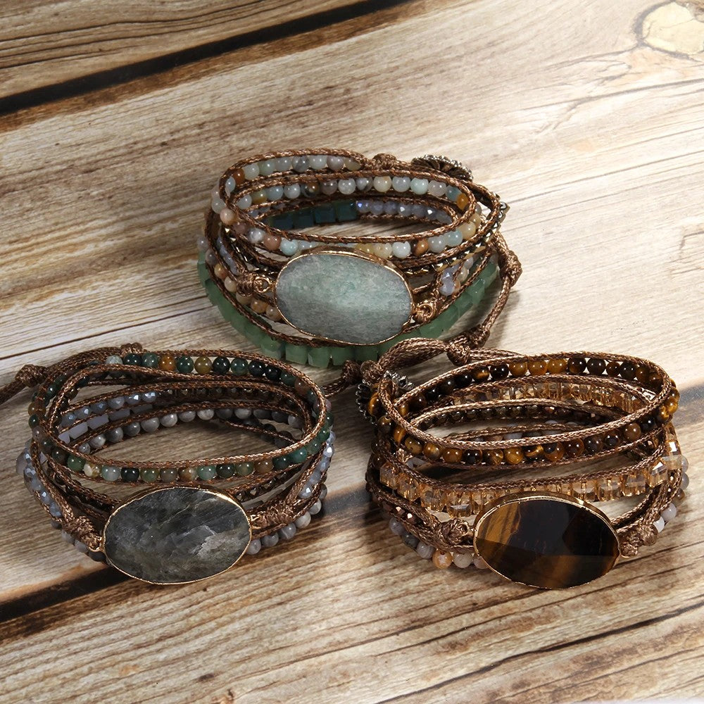 Fashion Boho Beaded Bracelet Handmade Mixed Natural Stones & Crystal Stone Charm 5 Strands Wrap Bracelets