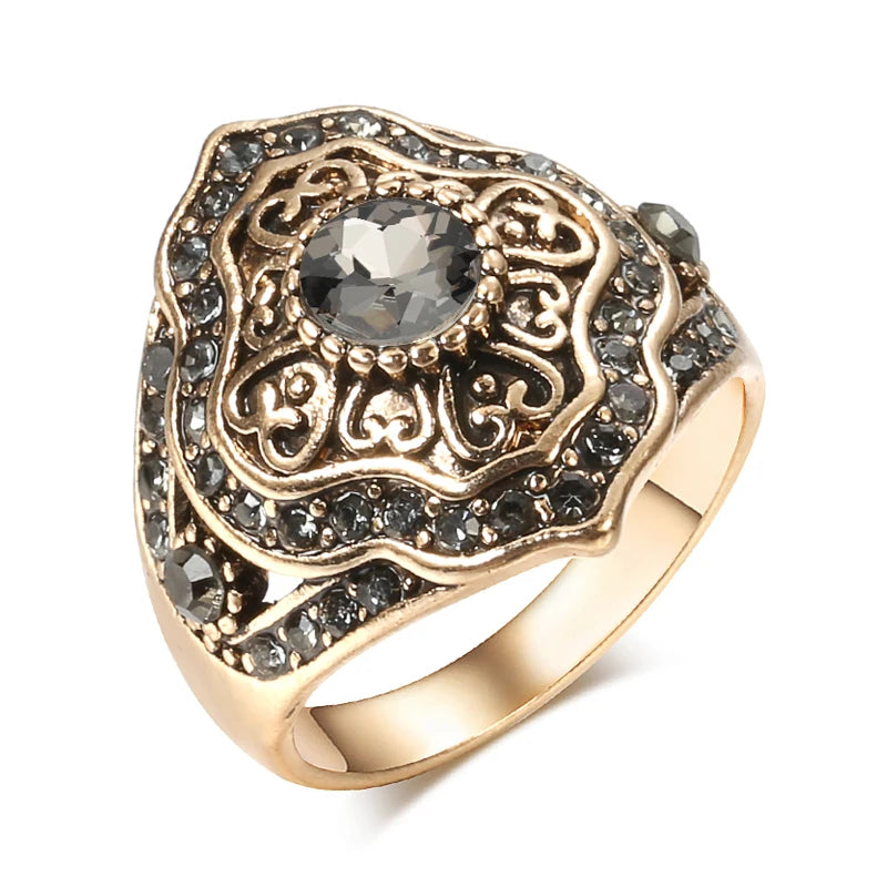 Boho Ethnic Bride Wedding Crystal Ring Antique Gold Color Big Zircon Stone Rings For Women Vintage Jewelry