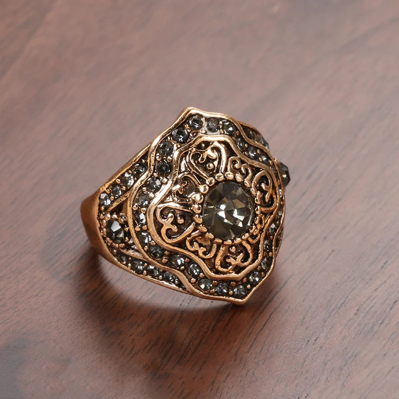 Boho Ethnic Bride Wedding Crystal Ring Antique Gold Color Big Zircon Stone Rings For Women Vintage Jewelry
