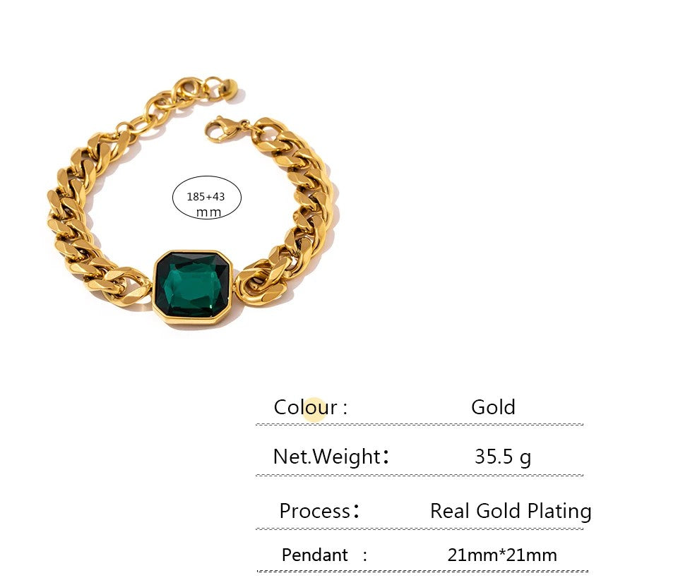 Green Crystal Stainless Steel Gold Bracelets Bangle for Women Hip Hop Thick Chain 18k Plated Punk Fashion Bracelets