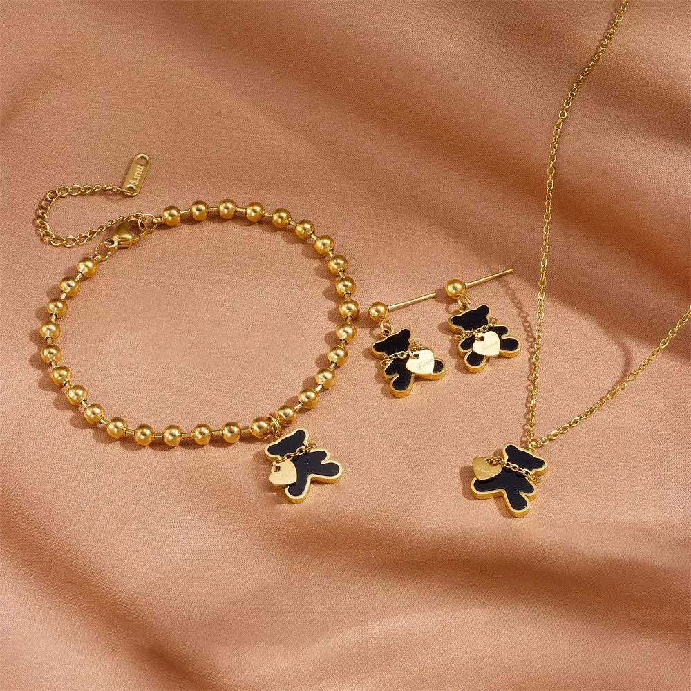 Stainless Steel Necklace Bracelet Earring Set Black Shell Fashion Jewelry Accessories