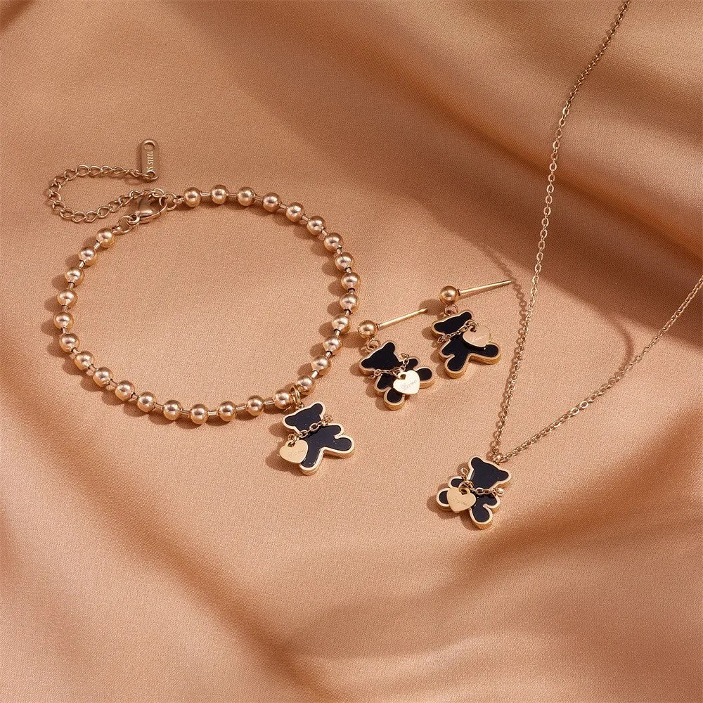 Stainless Steel Necklace Bracelet Earring Set Black Shell Fashion Jewelry Accessories