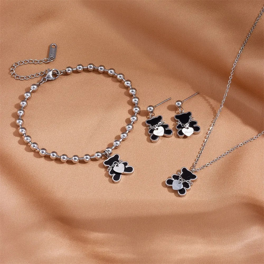 Stainless Steel Necklace Bracelet Earring Set Black Shell Fashion Jewelry Accessories