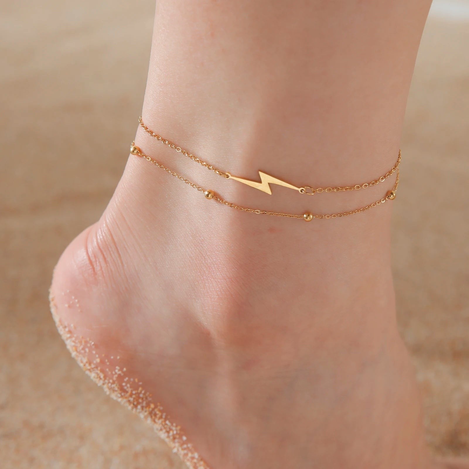 Double Layer Stainless Steel Anklets For Women Lightning Pendant Foot Chains Beach Anklet