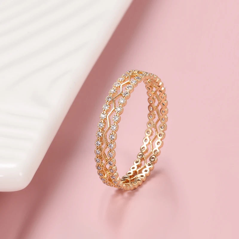New Arrivals 585 Rose Gold Ring Double Row Micro-wax Inlay Natural Zircon Hollow Rings Women Wedding Party Fine Jewelry