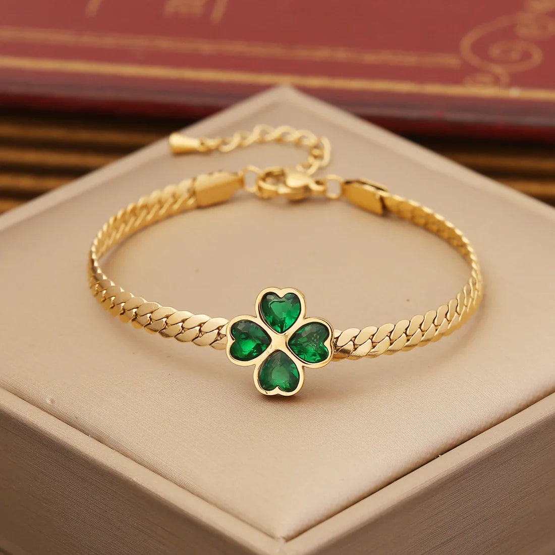 Emerald Four Leaf Clover Necklace Bracelet Stainless Steel Stud Earring Jewelry Set