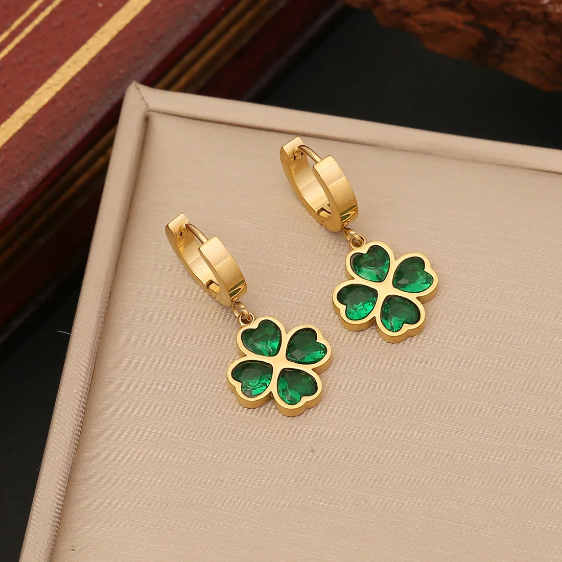 Emerald Four Leaf Clover Necklace Bracelet Stainless Steel Stud Earring Jewelry Set