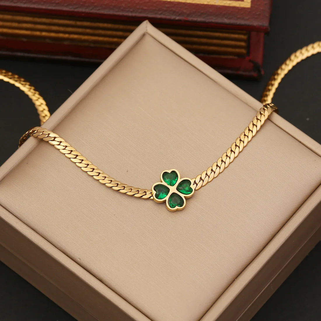 Emerald Four Leaf Clover Necklace Bracelet Stainless Steel Stud Earring Jewelry Set