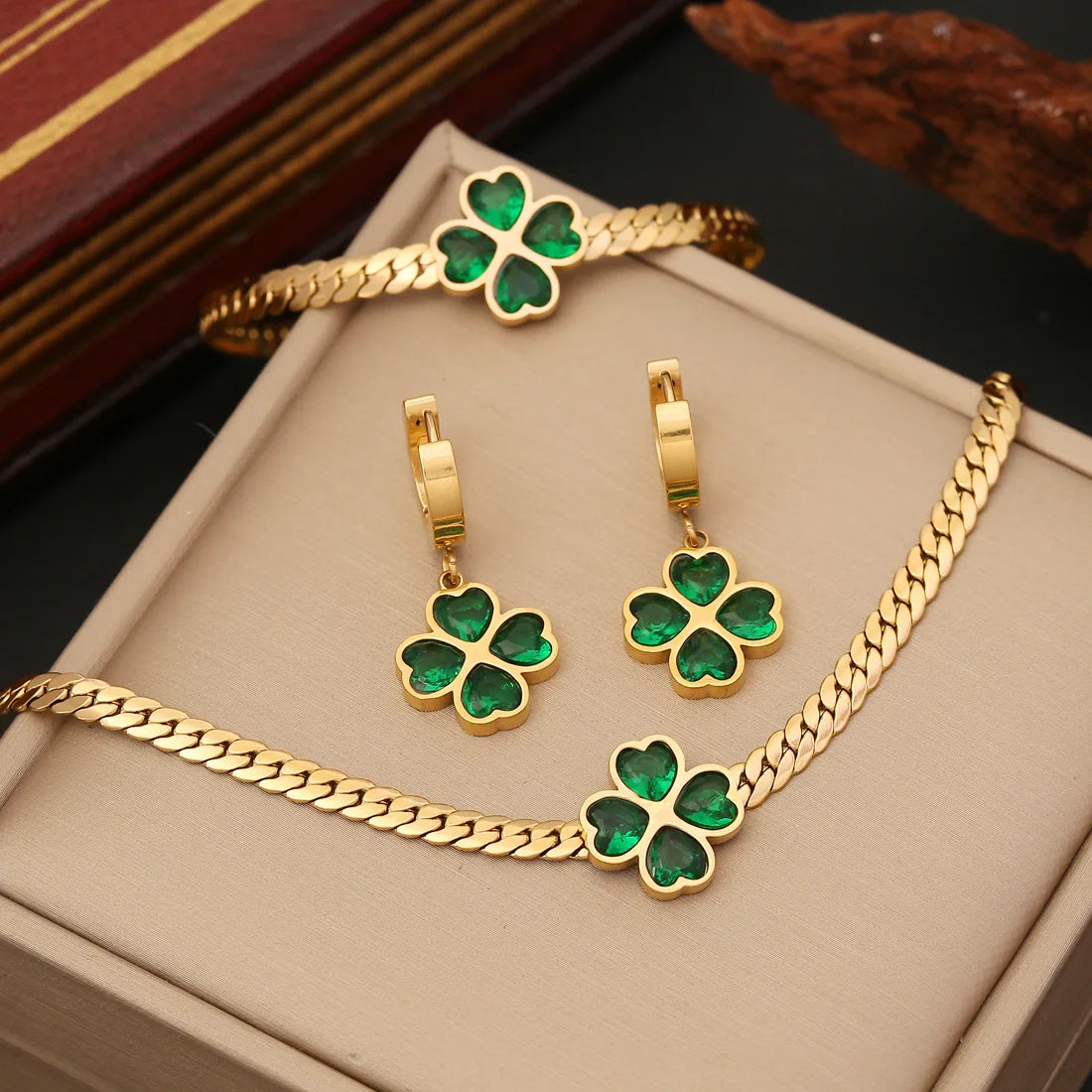 Emerald Four Leaf Clover Necklace Bracelet Stainless Steel Stud Earring Jewelry Set