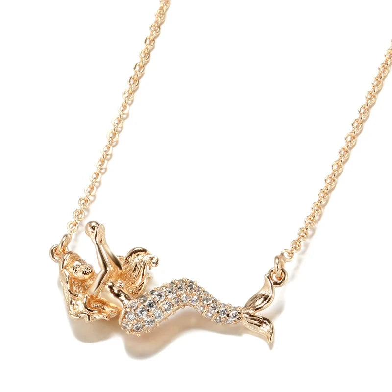 Exquisite 585 Rose Gold Color Mermaid Pendant Necklaces For Women Shiny Natural Zircon Accessories
