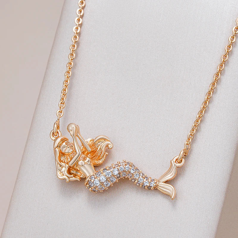 Exquisite 585 Rose Gold Color Mermaid Pendant Necklaces For Women Shiny Natural Zircon Accessories