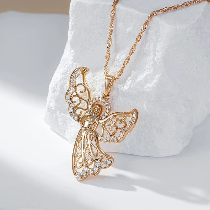 Fashion Angel Pendant Necklace For Women 585 Rose Gold Color With White Natural Zircon Accessories Best Daily Jewelry Gift