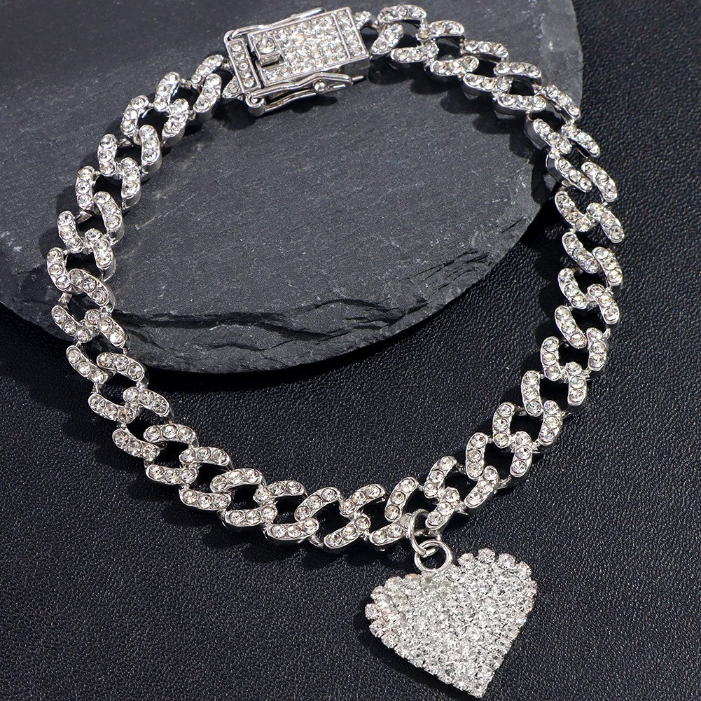 Heart Shaped Pendant Cuban Crystal Chain Anklet Hip Hop Style Anklet