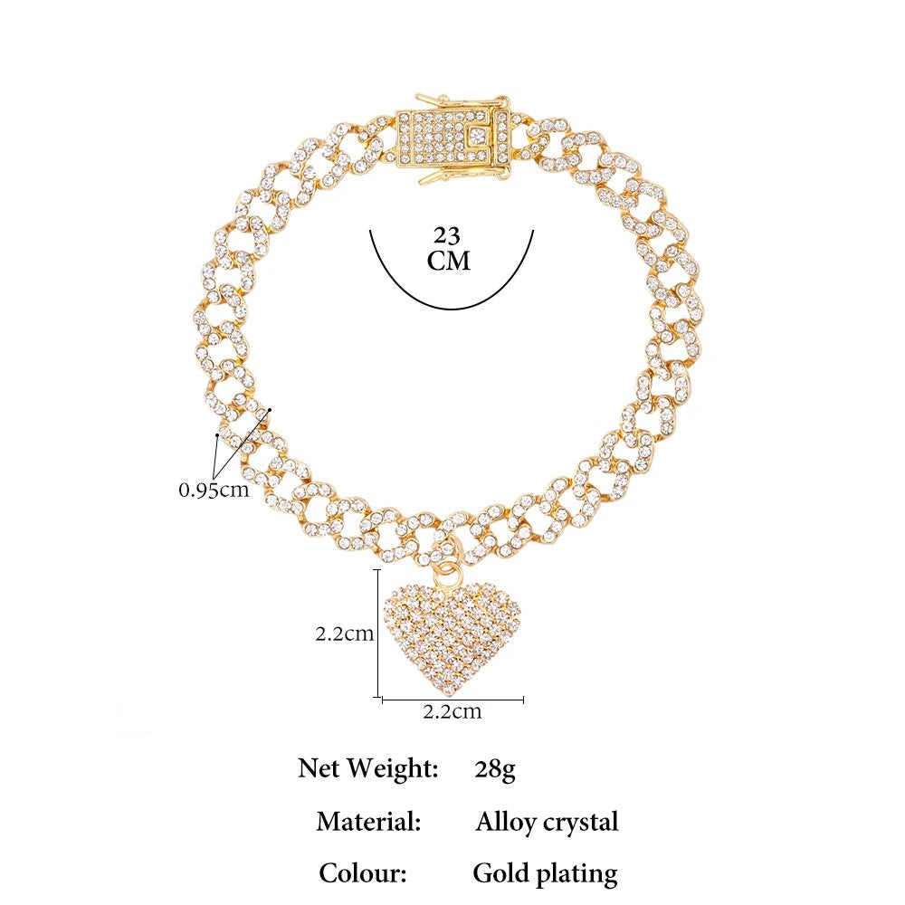 Heart Shaped Pendant Cuban Crystal Chain Anklet Hip Hop Style Anklet