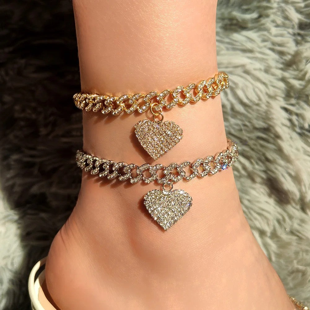 Heart Shaped Pendant Cuban Crystal Chain Anklet Hip Hop Style Anklet
