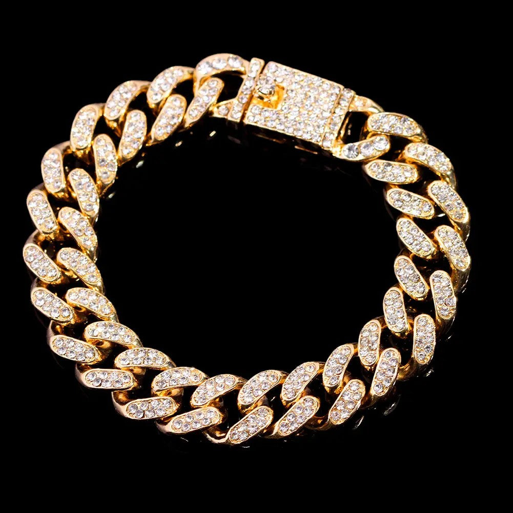Iced out Bling Crystal Miami Cuban Link Chain Bracelet For Men Women Full Rhinestones Hip Hop Chain