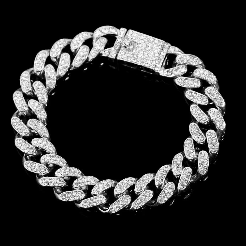 Iced out Bling Crystal Miami Cuban Link Chain Bracelet For Men Women Full Rhinestones Hip Hop Chain