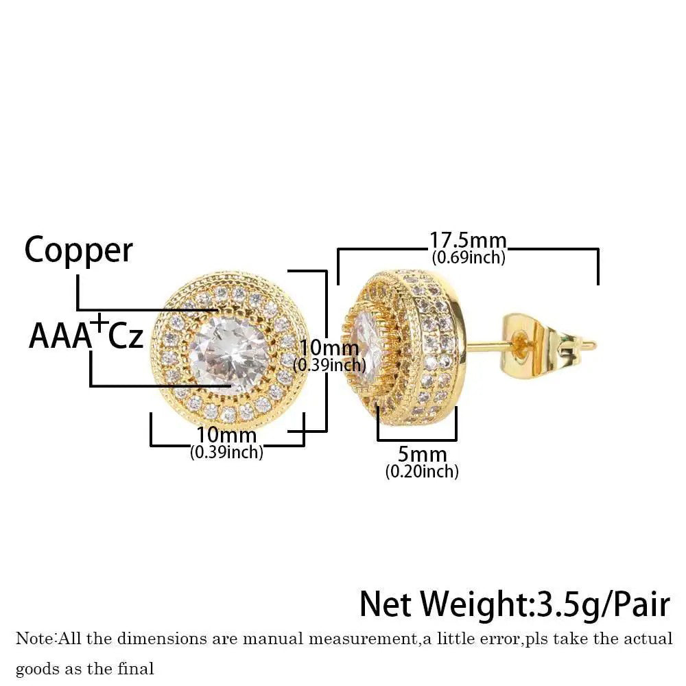 Hip Hop Full Cubic Zircon Round Ear Studs Men Zircon CZ Stone Bling Iced Out Stud Earring Copper Earrings For Men Women Jewelry