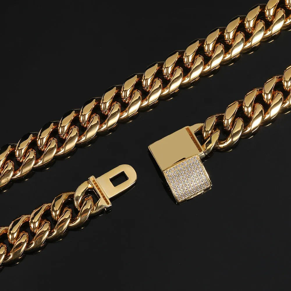12mm Hip Hop Zircon Flap Buckle Bracelet for Men Women Stainless Steel Cuban Chain Gold Plated Titanium Steel Bracelet Jewelry