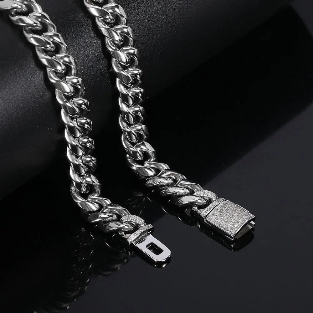 12mm Hip Hop Zircon Flap Buckle Bracelet for Men Women Stainless Steel Cuban Chain Gold Plated Titanium Steel Bracelet Jewelry