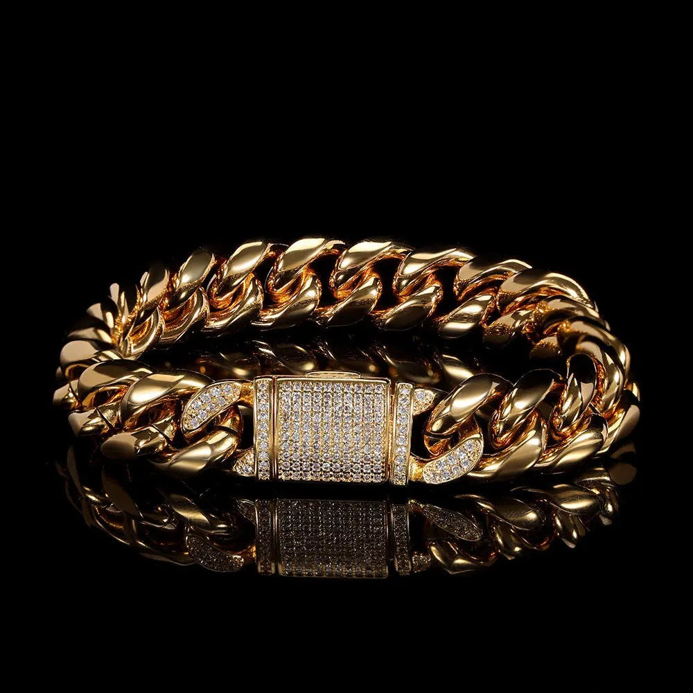 12mm Hip Hop Zircon Flap Buckle Bracelet for Men Women Stainless Steel Cuban Chain Gold Plated Titanium Steel Bracelet Jewelry