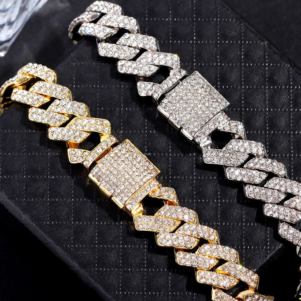 Iced out Bling Crystal Miami Cuban Link Chain Bracelet For Men Women Full Rhinestones Hip Hop Chain