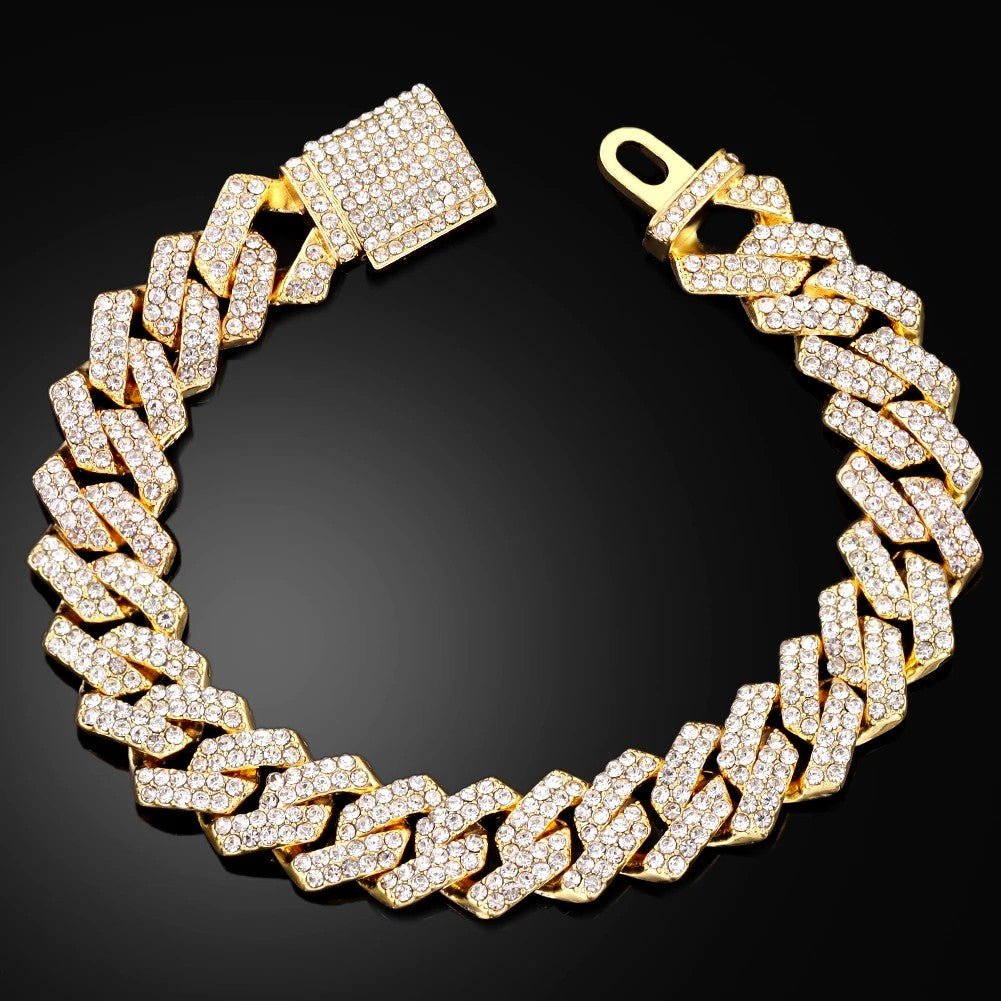 Iced out Bling Crystal Miami Cuban Link Chain Bracelet For Men Women Full Rhinestones Hip Hop Chain