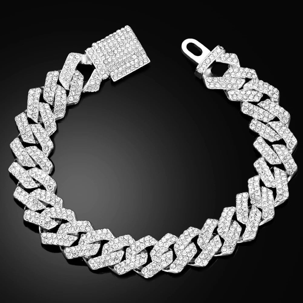 Iced out Bling Crystal Miami Cuban Link Chain Bracelet For Men Women Full Rhinestones Hip Hop Chain