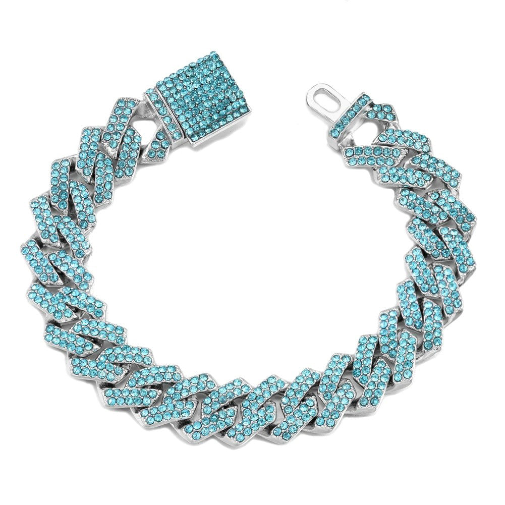 Fashion Pink Blue Iced Out Crystal Prong Cuban Link Chain Bracelet for Women Bling Rhinestone Cuban Bracelets Hip Hop Jewelry
