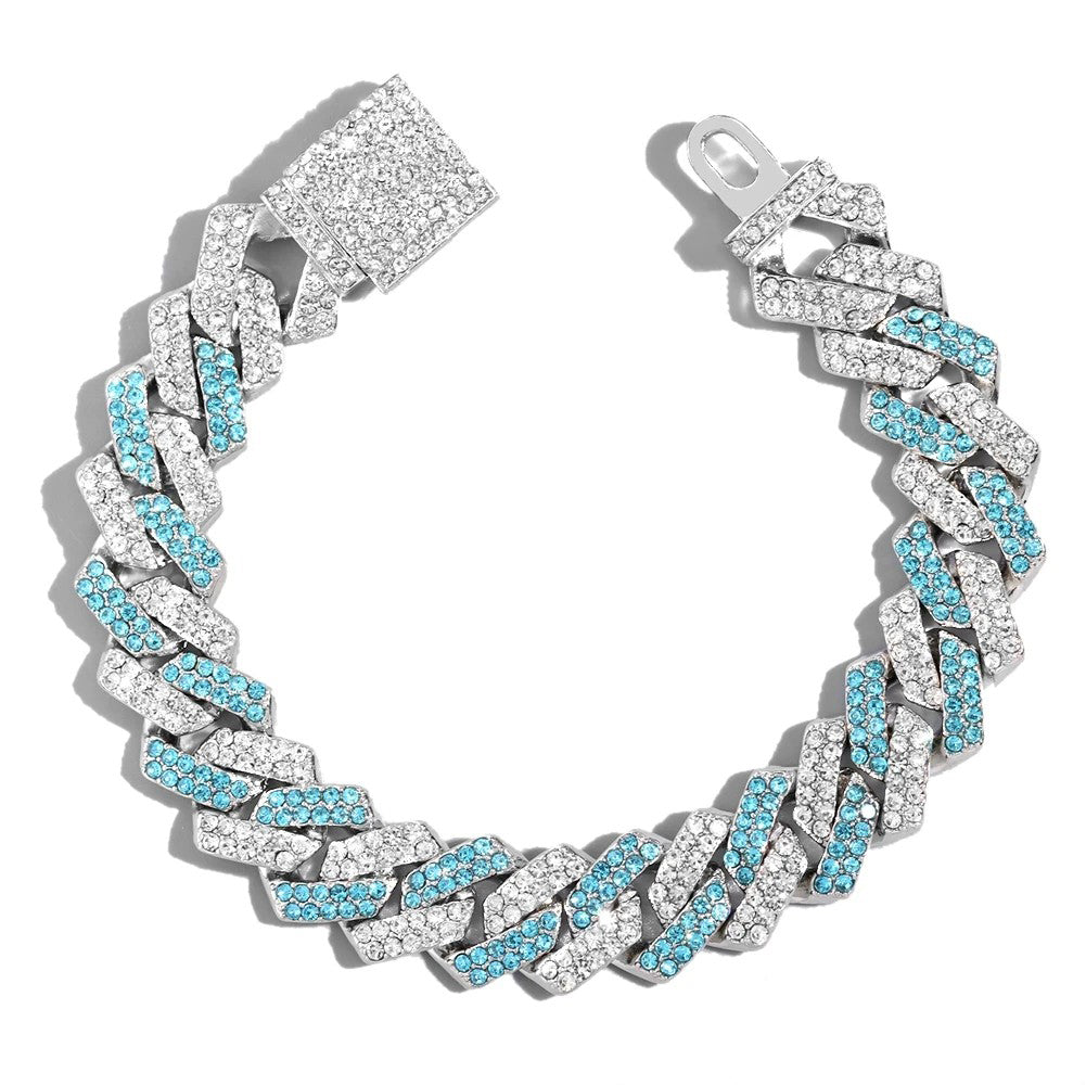Fashion Pink Blue Iced Out Crystal Prong Cuban Link Chain Bracelet for Women Bling Rhinestone Cuban Bracelets Hip Hop Jewelry