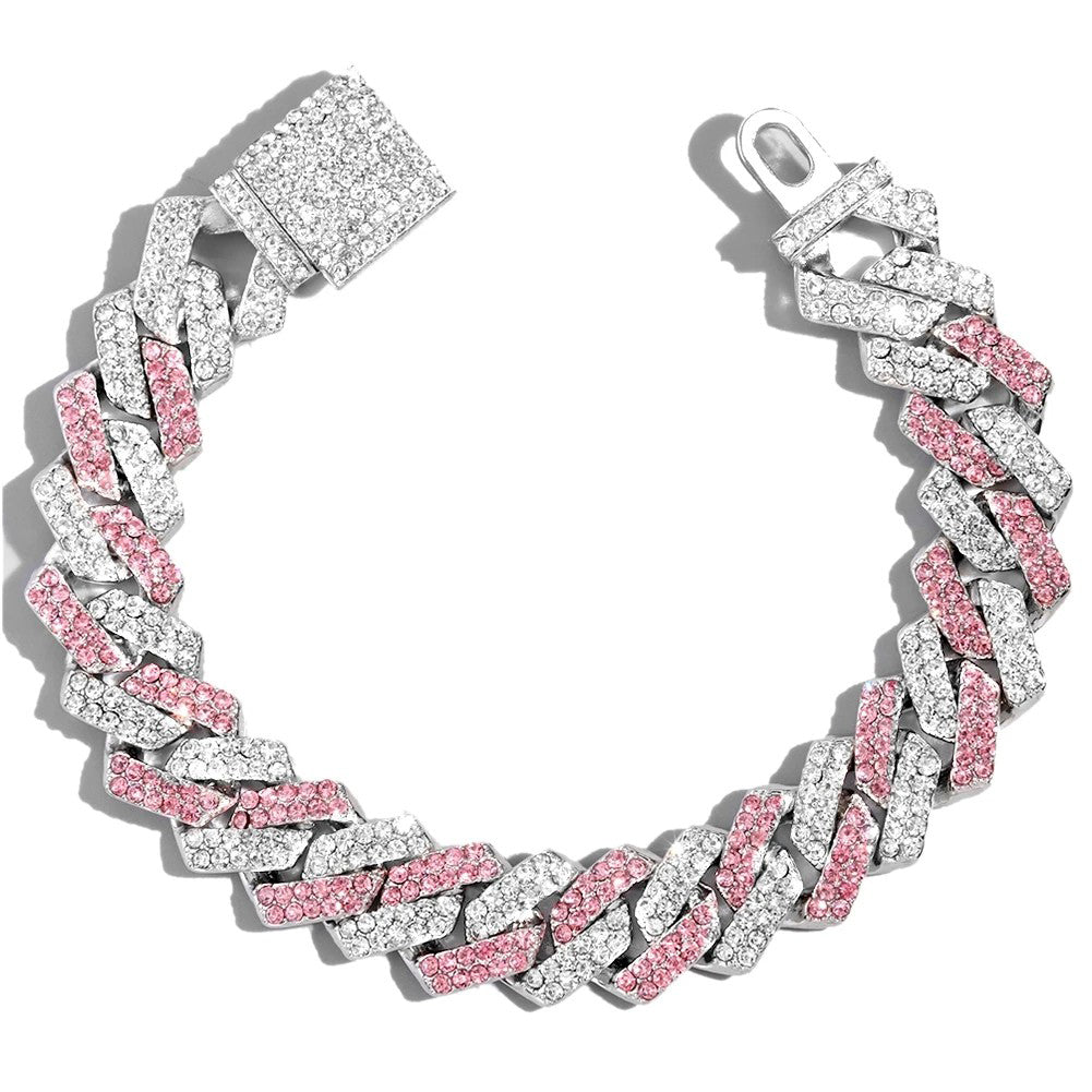 Fashion Pink Blue Iced Out Crystal Prong Cuban Link Chain Bracelet for Women Bling Rhinestone Cuban Bracelets Hip Hop Jewelry