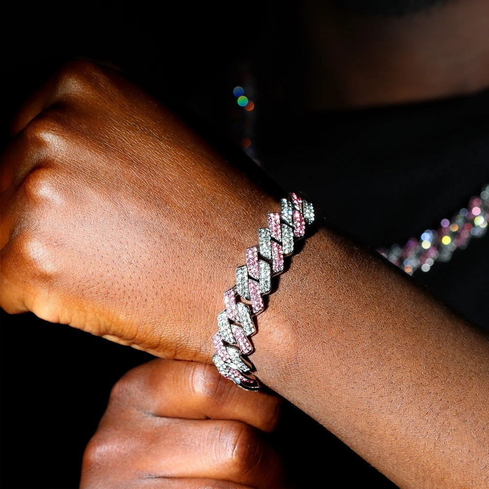 Fashion Pink Blue Iced Out Crystal Prong Cuban Link Chain Bracelet for Women Bling Rhinestone Cuban Bracelets Hip Hop Jewelry