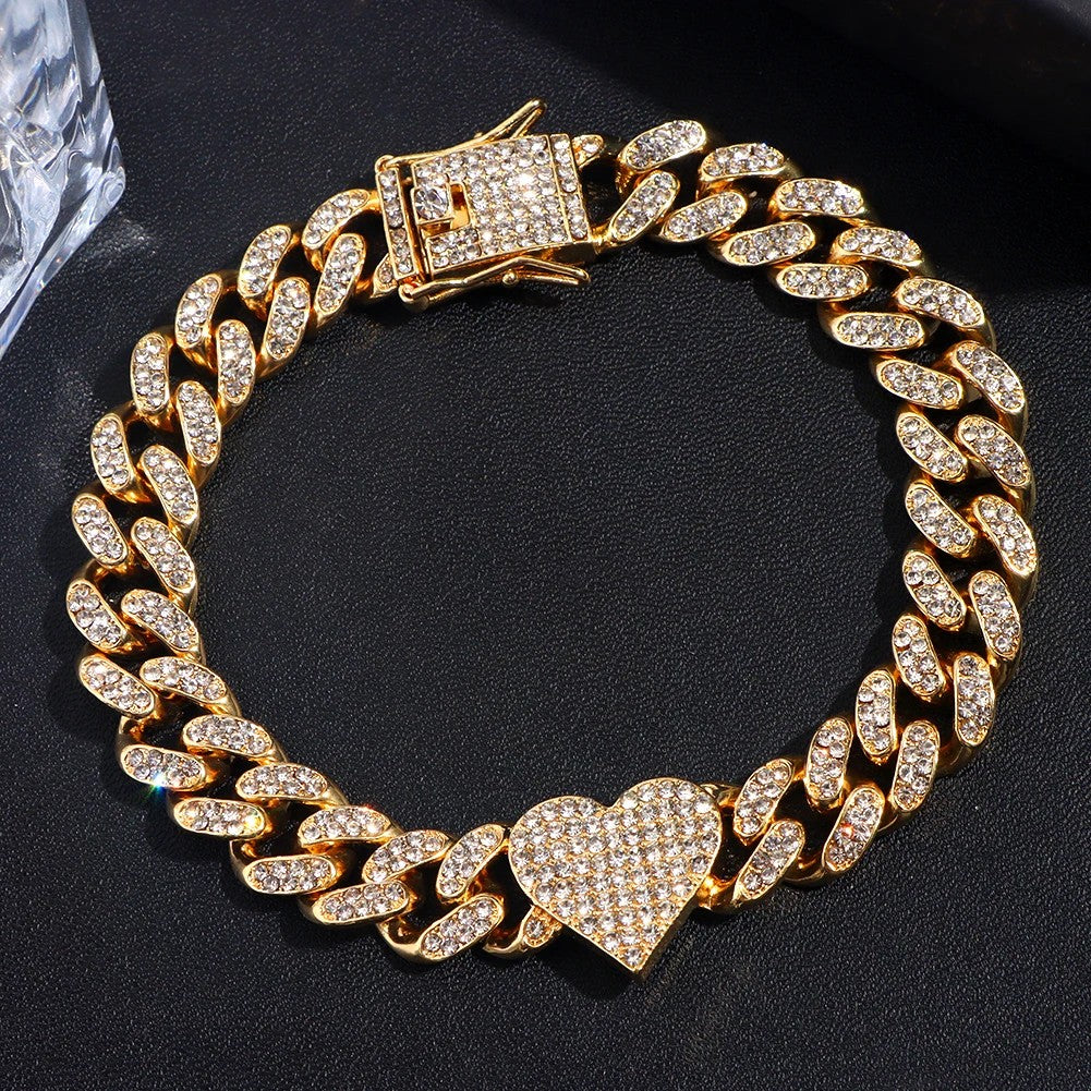 Iced Out Heart Crystal Cuban Chain Anklets Hip Hop Paved Rhinestone Link Anklet