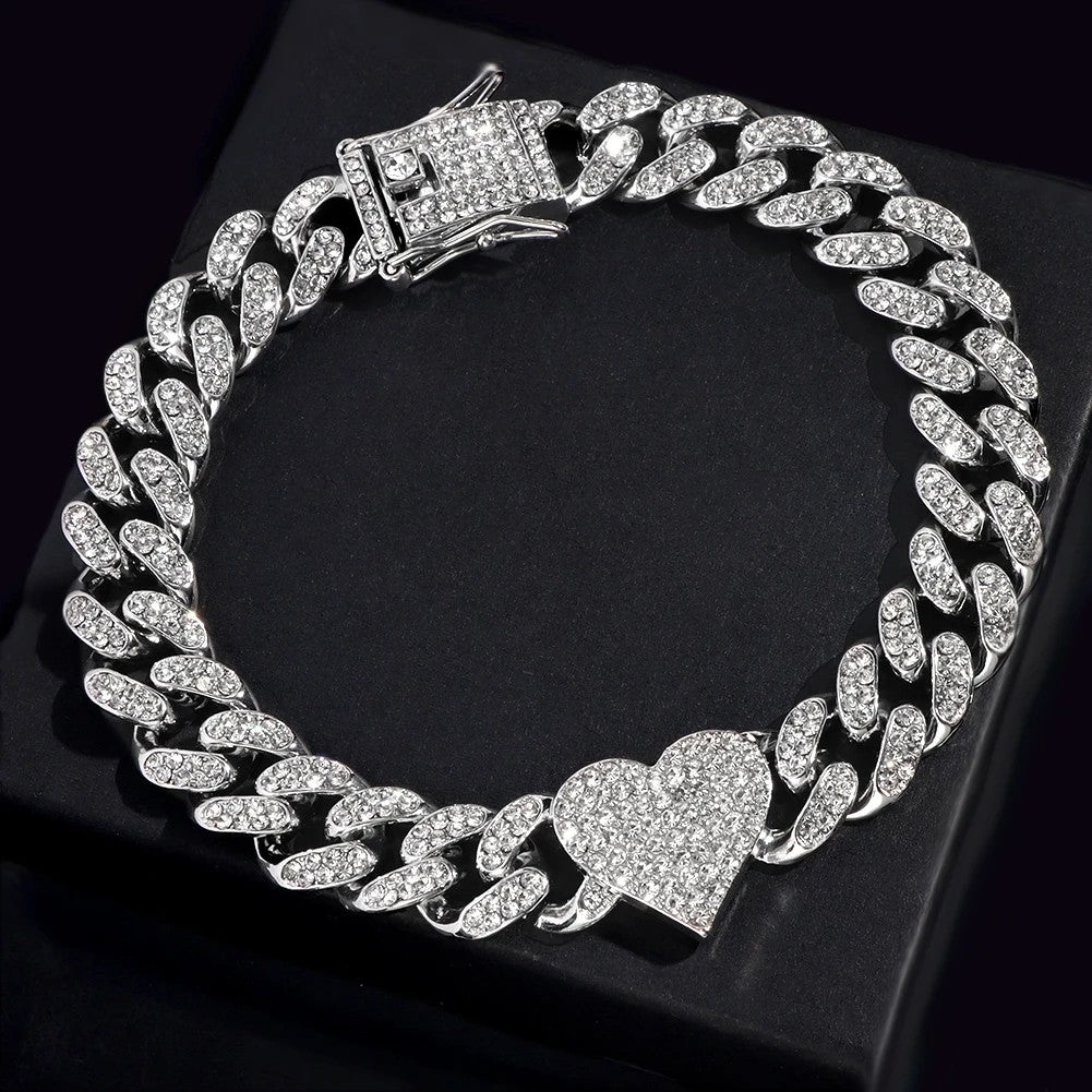 Iced Out Heart Crystal Cuban Chain Anklets Hip Hop Paved Rhinestone Link Anklet