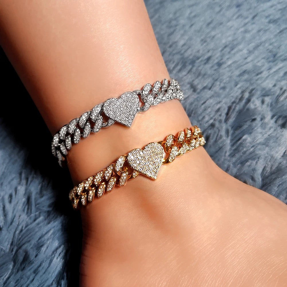 Iced Out Heart Crystal Cuban Chain Anklets Hip Hop Paved Rhinestone Link Anklet