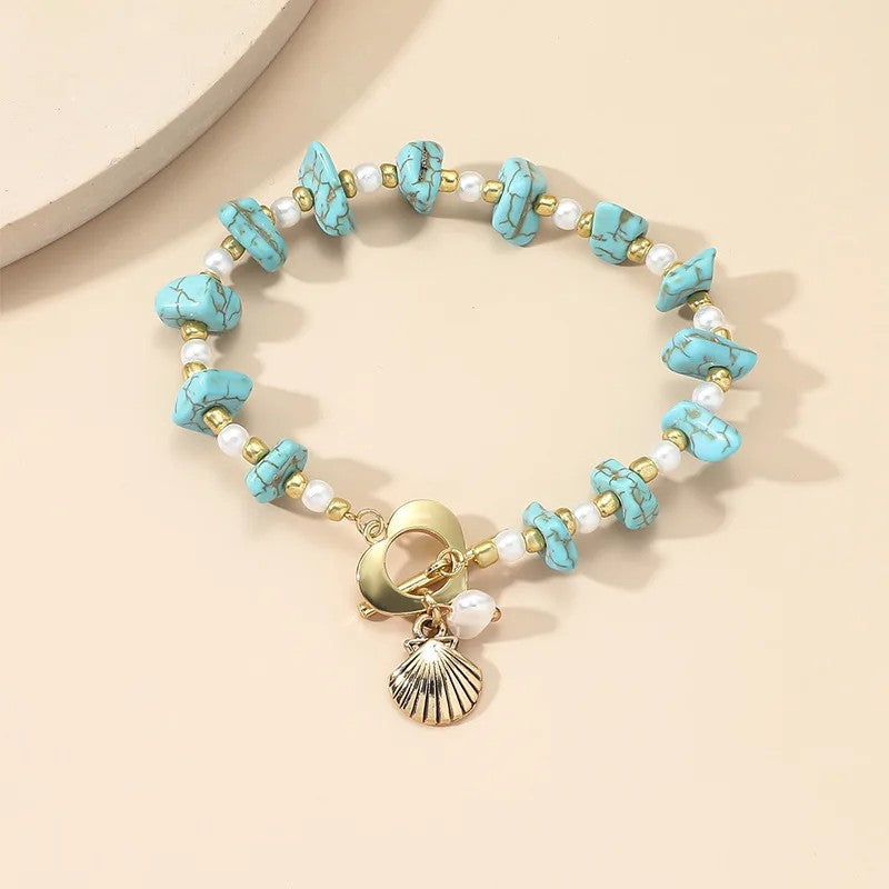 Irregular Turquoise Gravel Bracelet with Beaded Natural Stone Shell Pendant Adjustable Bracelet for women's Charms Jewelry