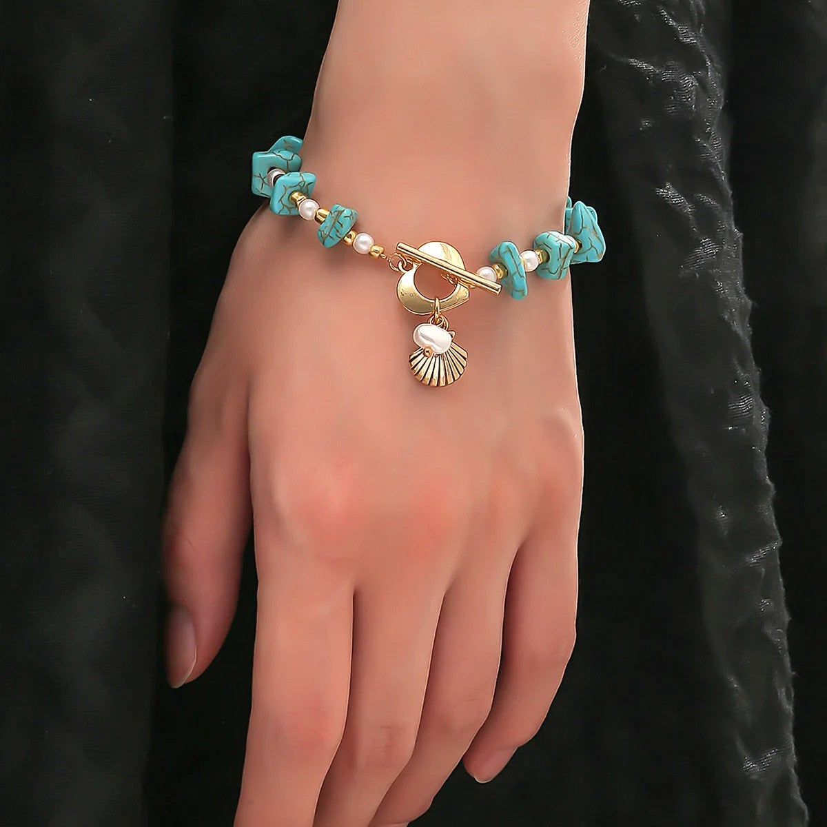 Irregular Turquoise Gravel Bracelet with Beaded Natural Stone Shell Pendant Adjustable Bracelet for women's Charms Jewelry